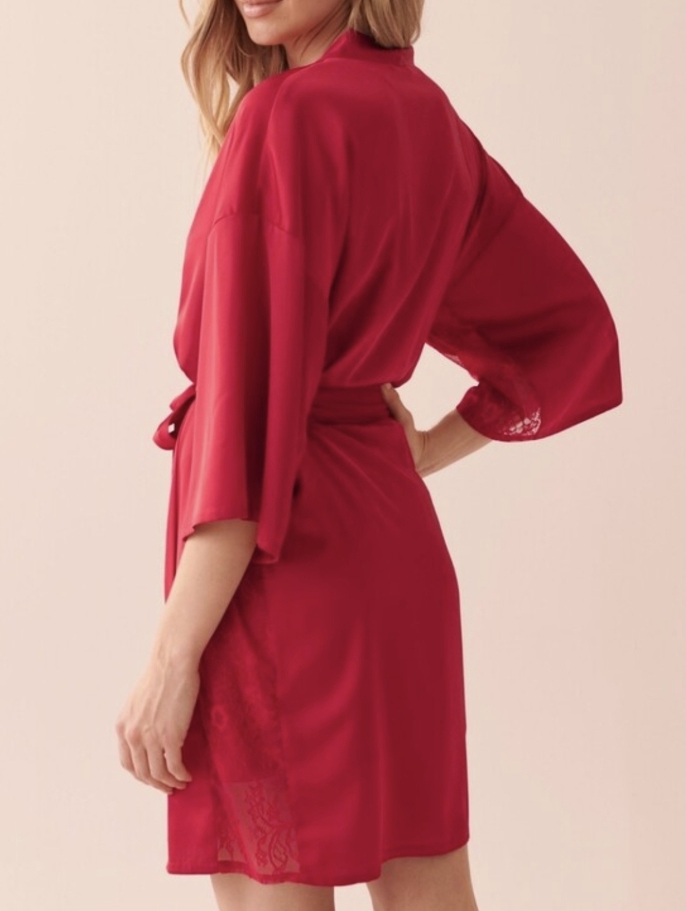 La Vie En Rose Satin Open-Front Duster in Red
